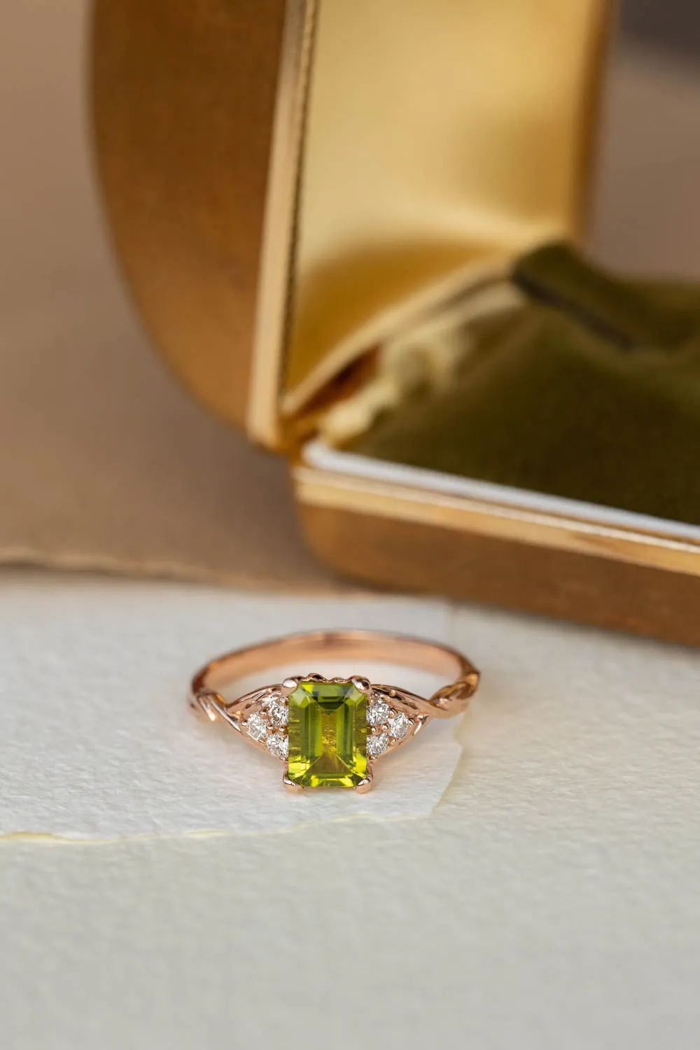 Peridot engagement ring, emerald cut gemstone proposal ring with accent diamonds / Gloria