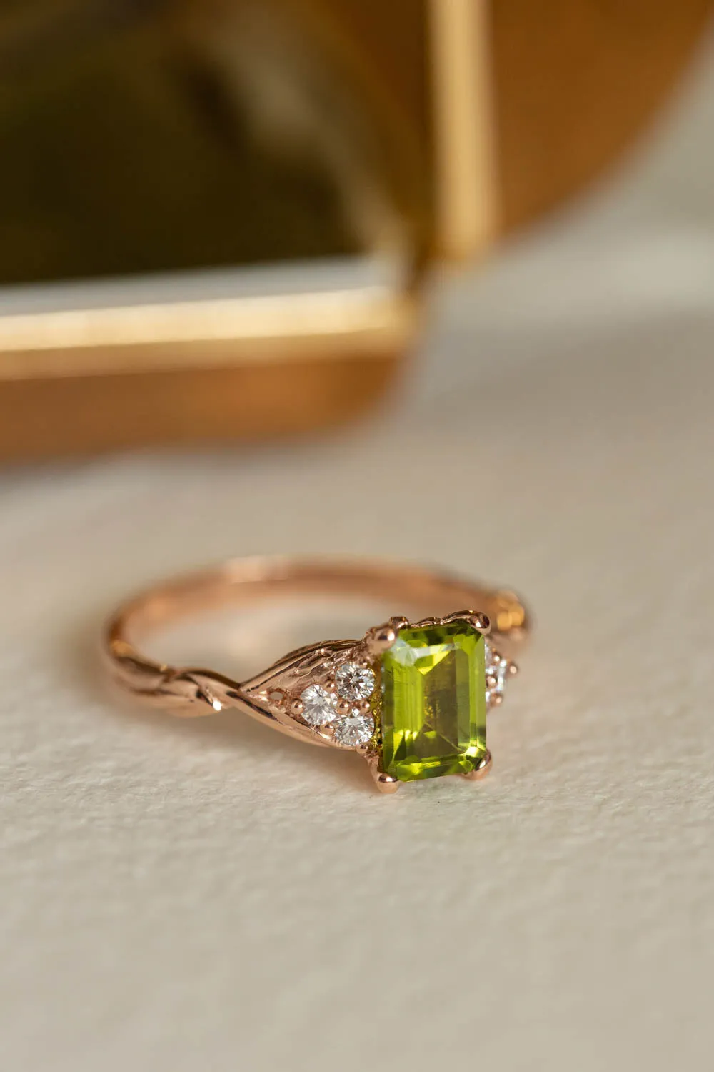 Peridot engagement ring, emerald cut gemstone proposal ring with accent diamonds / Gloria