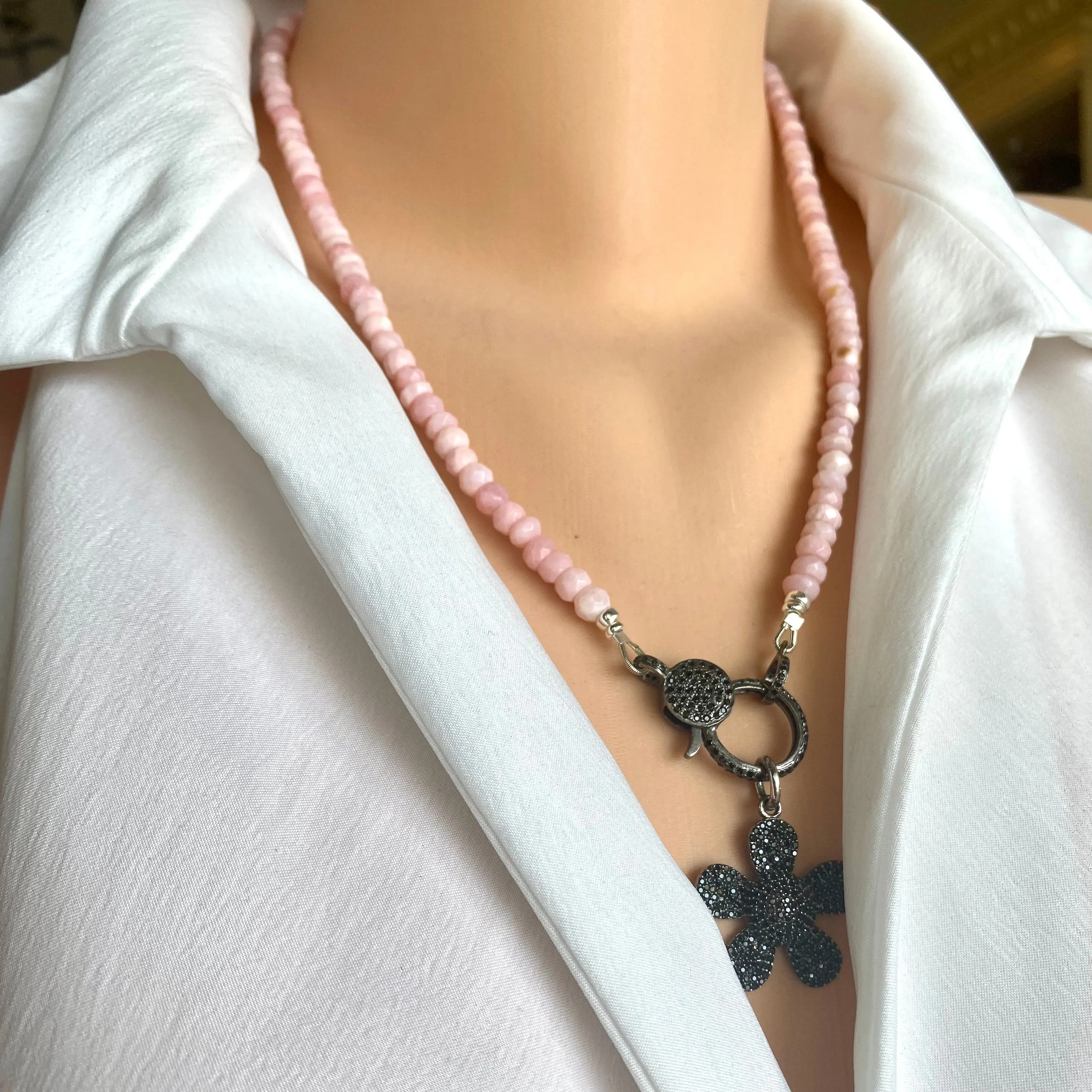 Pink Opal Necklace & Black Spinel Pave Lobster Clasp, Removable Daisy Pendant, Oxidized Silver, 21.5in