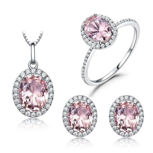 Pink Sapphire or Sky Blue Topaz and Cubic Zirconia 925 Sterling Silver Pendant, Stud Earrings & Ring Jewelry Set