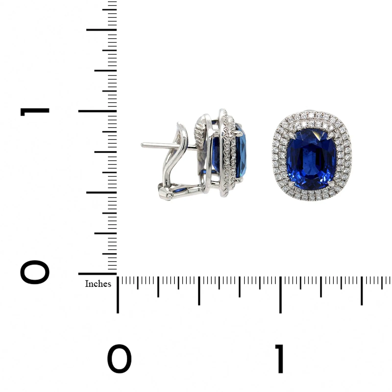 Platinum Cushion Cut Blue Sapphire & Double Diamond Halo Studs