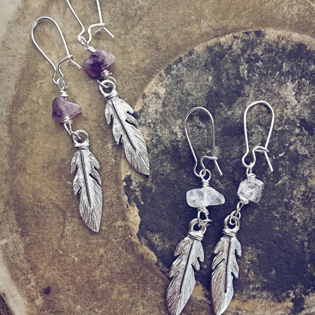 plume // boho feather and gemstone earrings