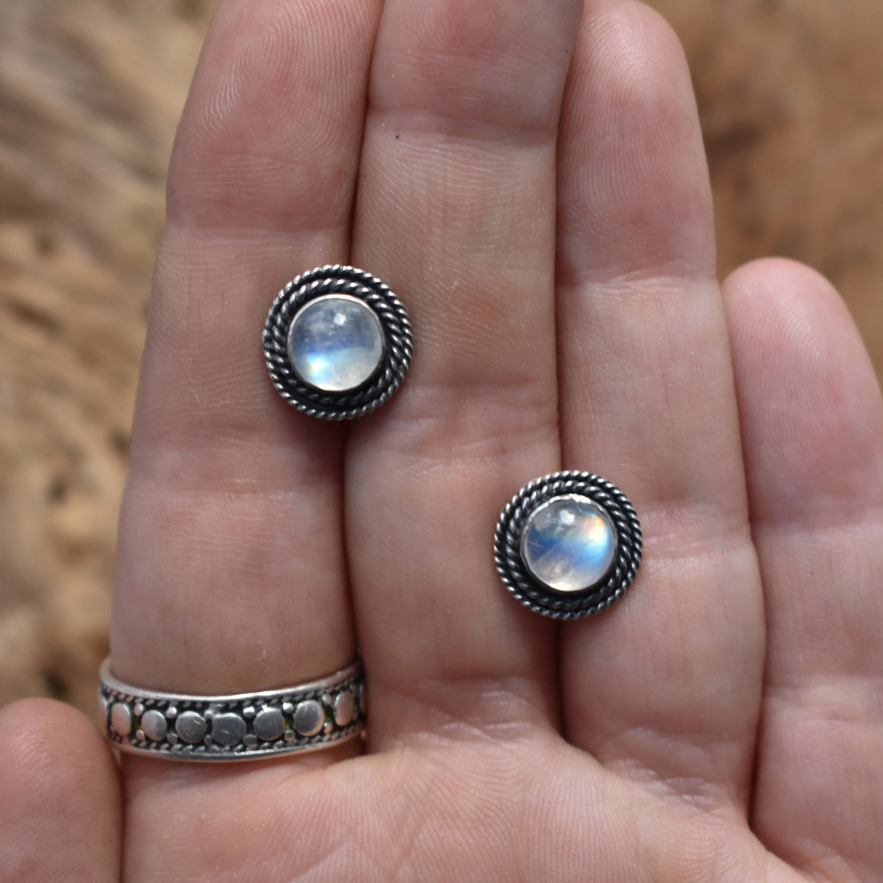 Rainbow Moonstone Posts - Western Moonstone Earrings - Silversmith Posts - Hand Made