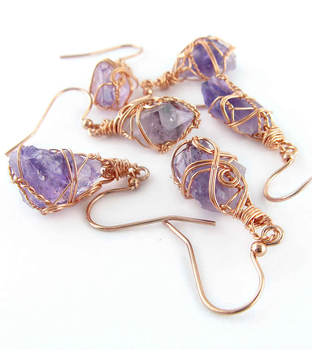 Raw Amethyst Crystal Drop Earrings With Swirls, Copper Wire-Wrapped, Handmade