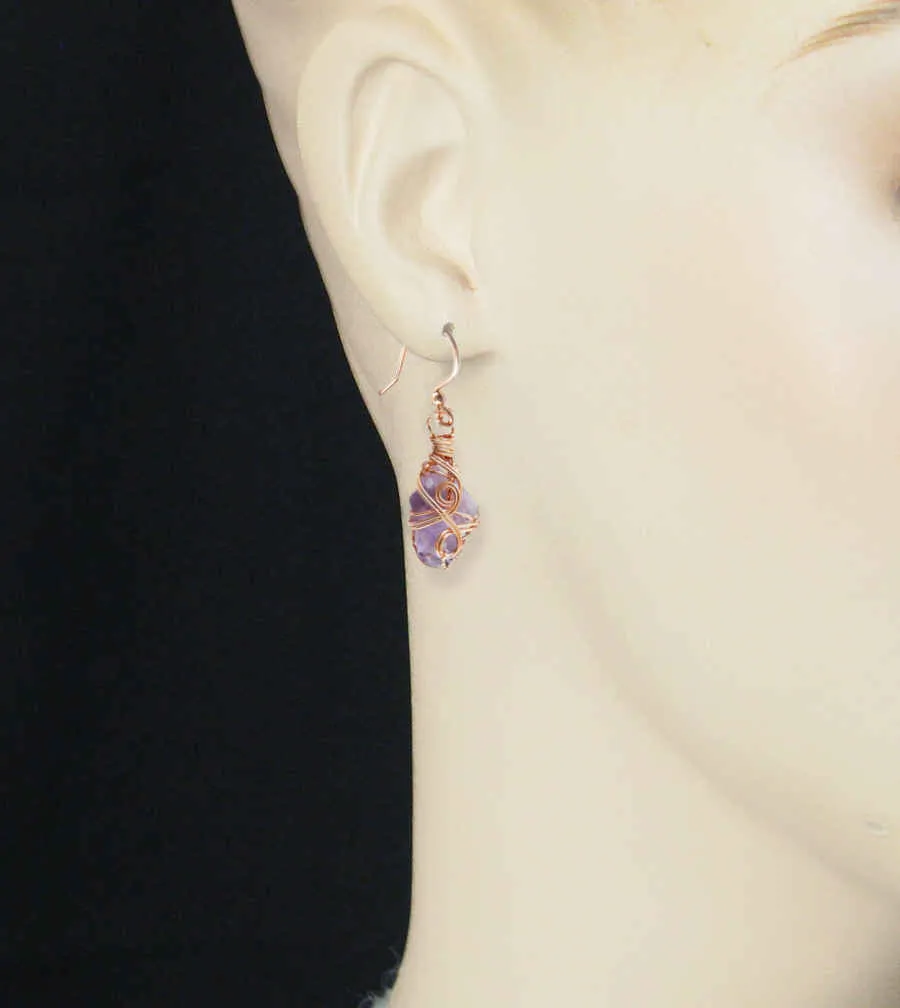 Raw Amethyst Crystal Drop Earrings With Swirls, Copper Wire-Wrapped, Handmade