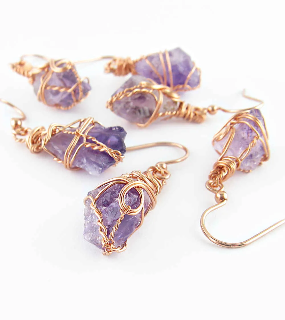 Raw Amethyst Crystal Drop Earrings With Swirls, Copper Wire-Wrapped, Handmade