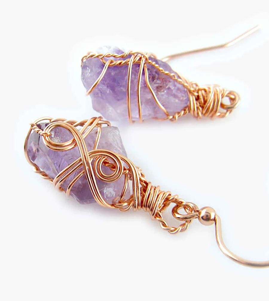 Raw Amethyst Crystal Drop Earrings With Swirls, Copper Wire-Wrapped, Handmade