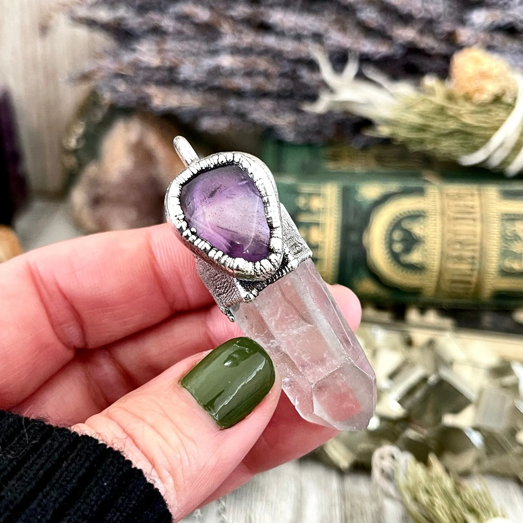 Raw Clear Quartz & Purple Amethyst Crystal Statement Necklace in Fine Silver / Foxlark Collection - One of a Kind