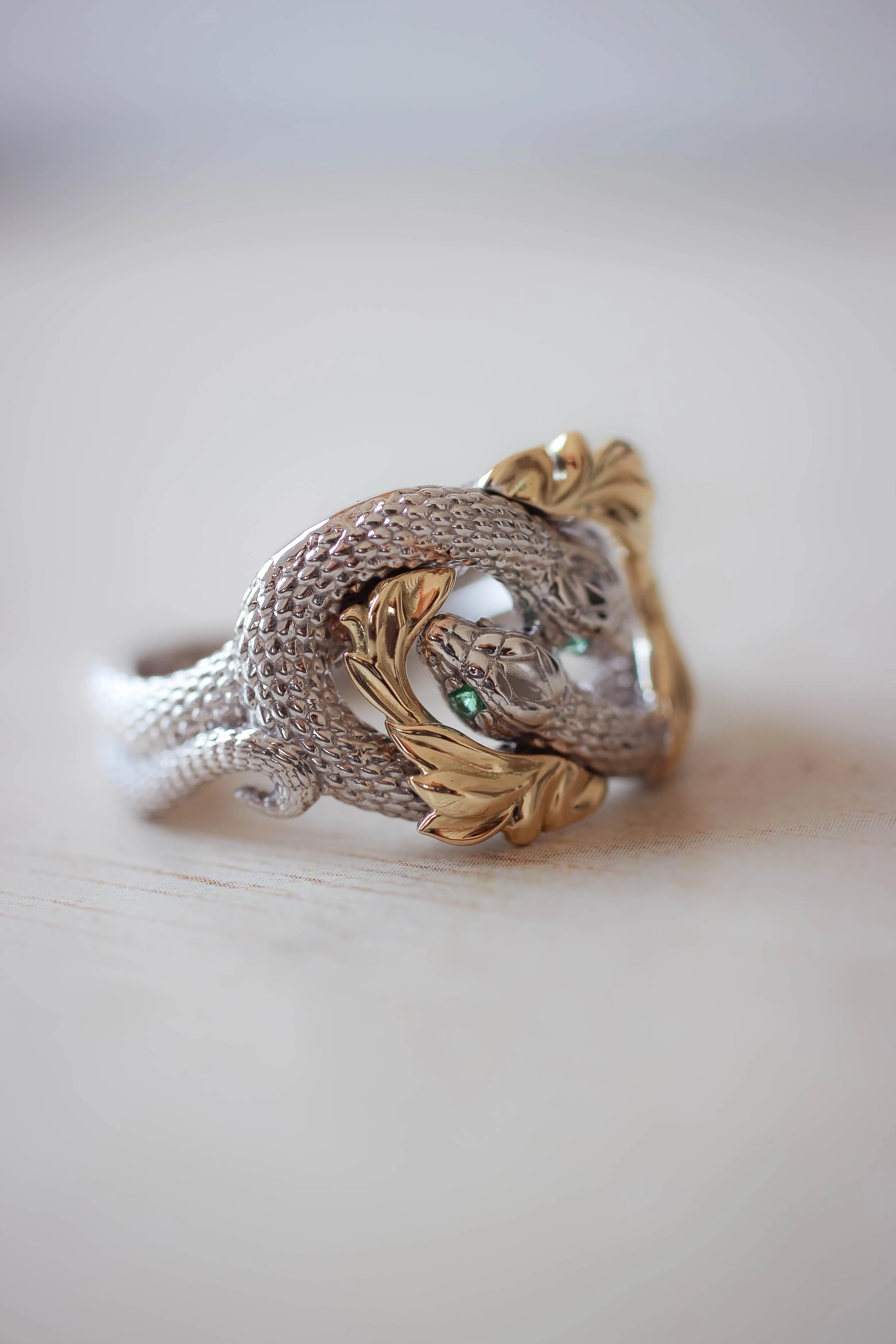 READY TO SHIP: Ring of Barahir in 14K white and yellow gold, natural emeralds, RING SIZES - 10.5 US