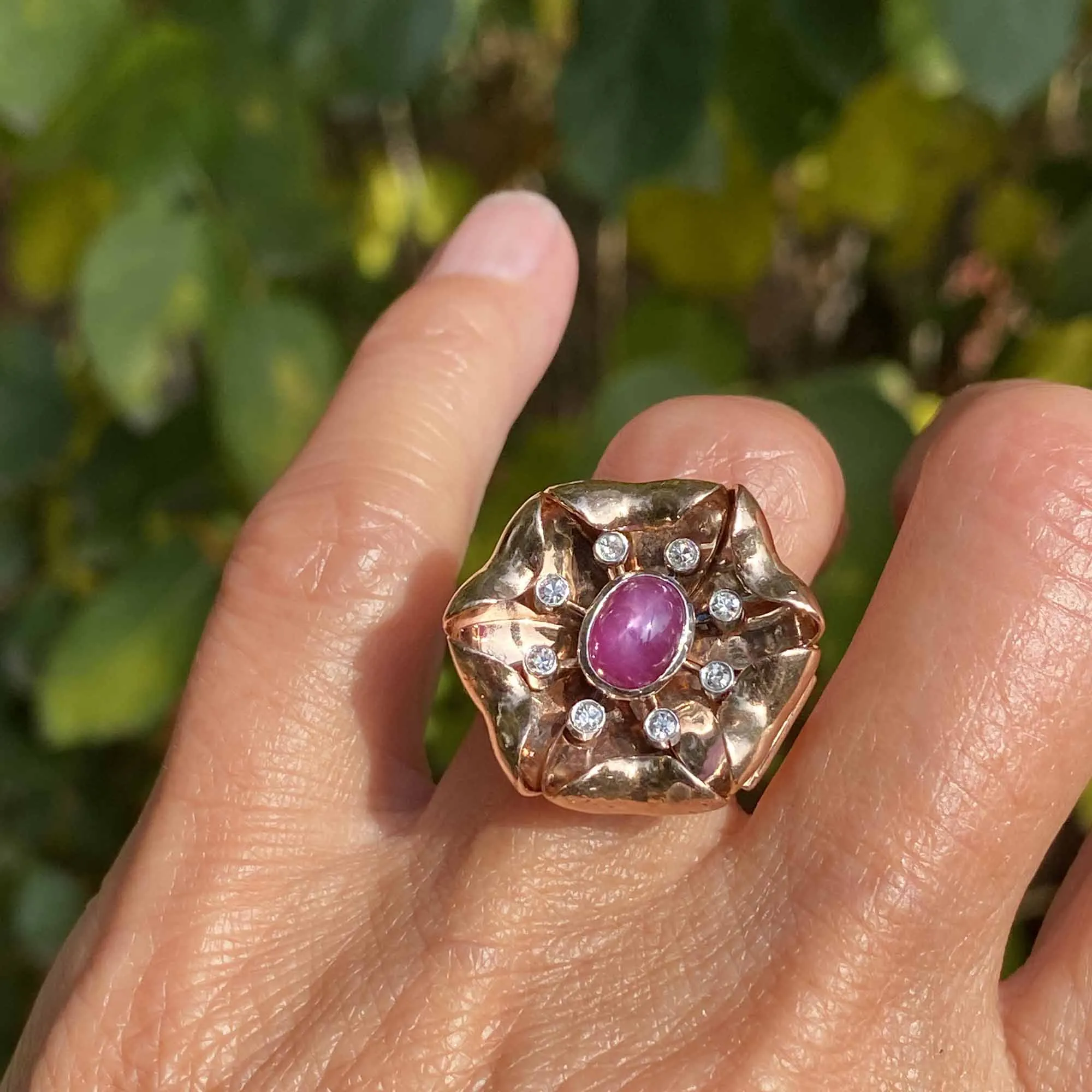 Retro Diamond Ruby Star Sapphire Ring, Heavy 14K Rose Gold