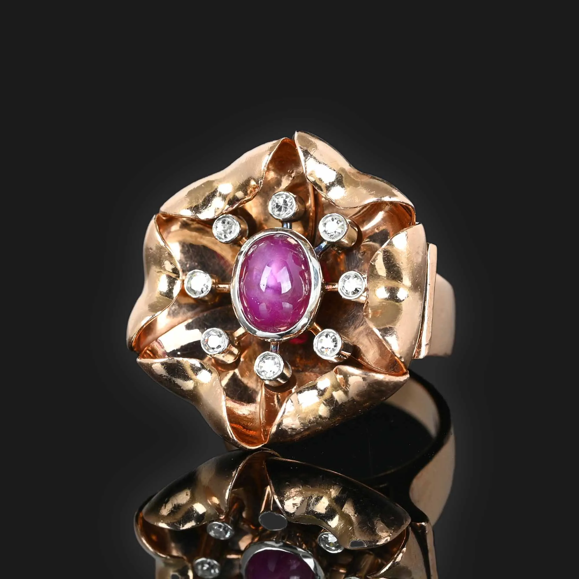 Retro Diamond Ruby Star Sapphire Ring, Heavy 14K Rose Gold