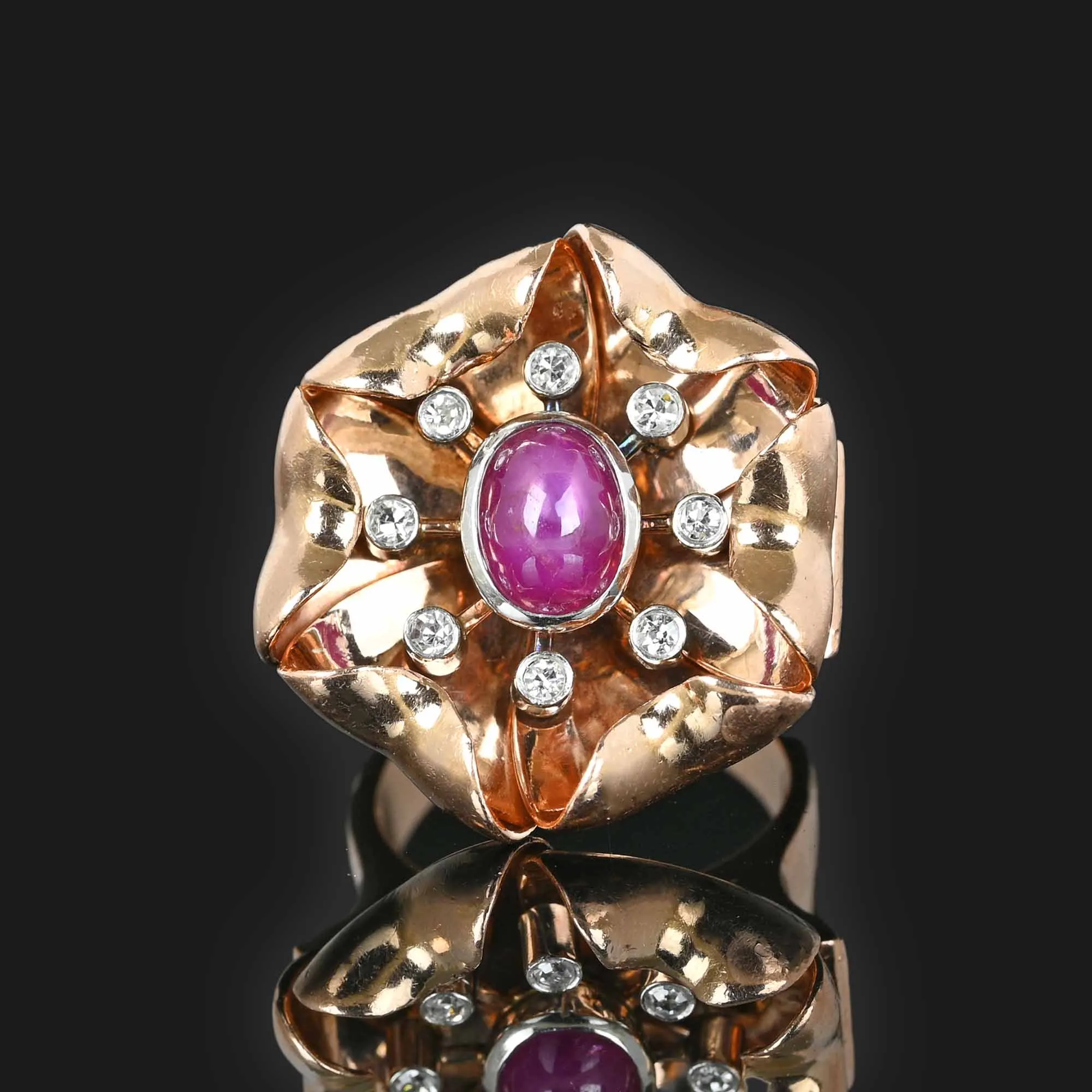 Retro Diamond Ruby Star Sapphire Ring, Heavy 14K Rose Gold