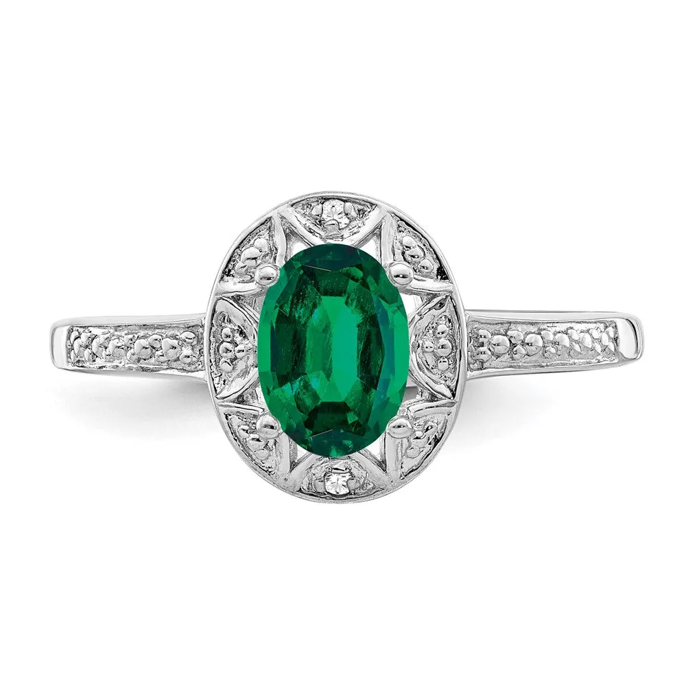 Rhodium-Plated Diamond & Created Emerald Ring in Sterling Silver