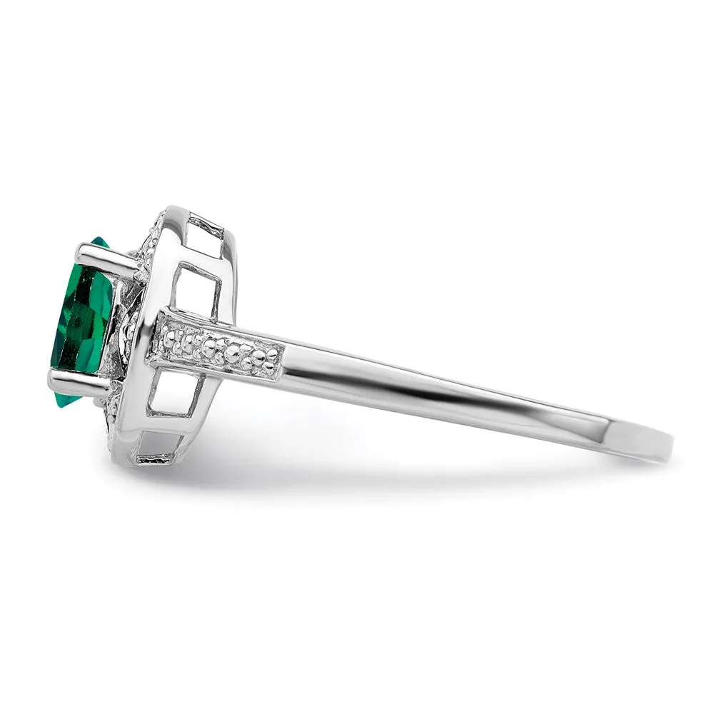 Rhodium-Plated Diamond & Created Emerald Ring in Sterling Silver