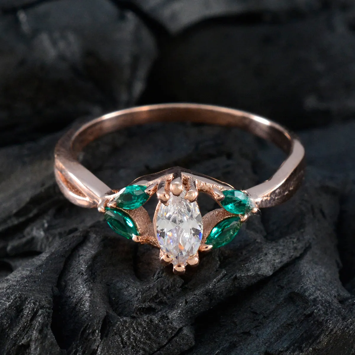 Riyo Complete Silver Ring With Rose Gold Plating Emerald CZ Stone Marquise Shape Prong Setting Fashion Jewelry Halloween Ring