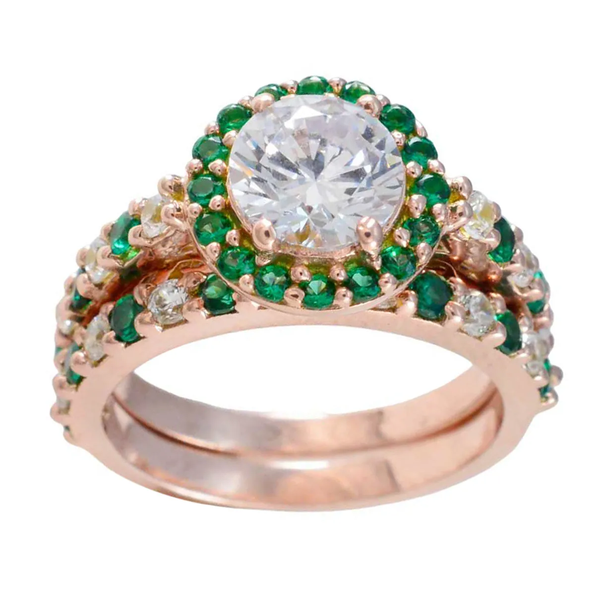 Riyo Designer Silver Ring With Rose Gold Plating Emerald CZ Stone Round Shape Prong Setting Antique Jewelry Thanksgiving Ring