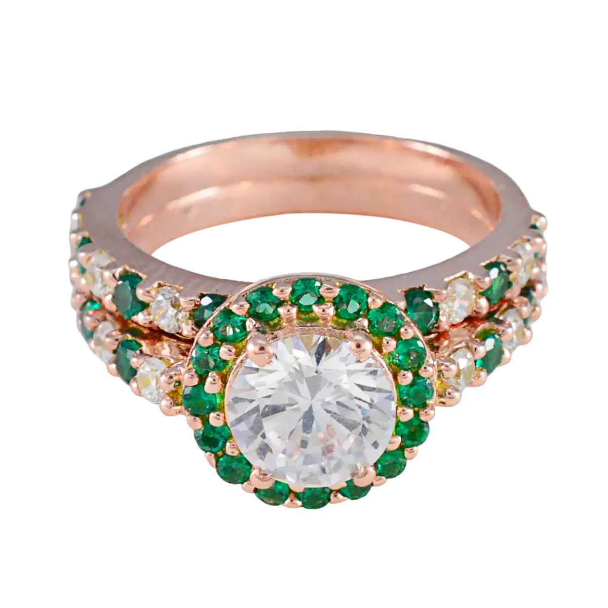 Riyo Designer Silver Ring With Rose Gold Plating Emerald CZ Stone Round Shape Prong Setting Antique Jewelry Thanksgiving Ring