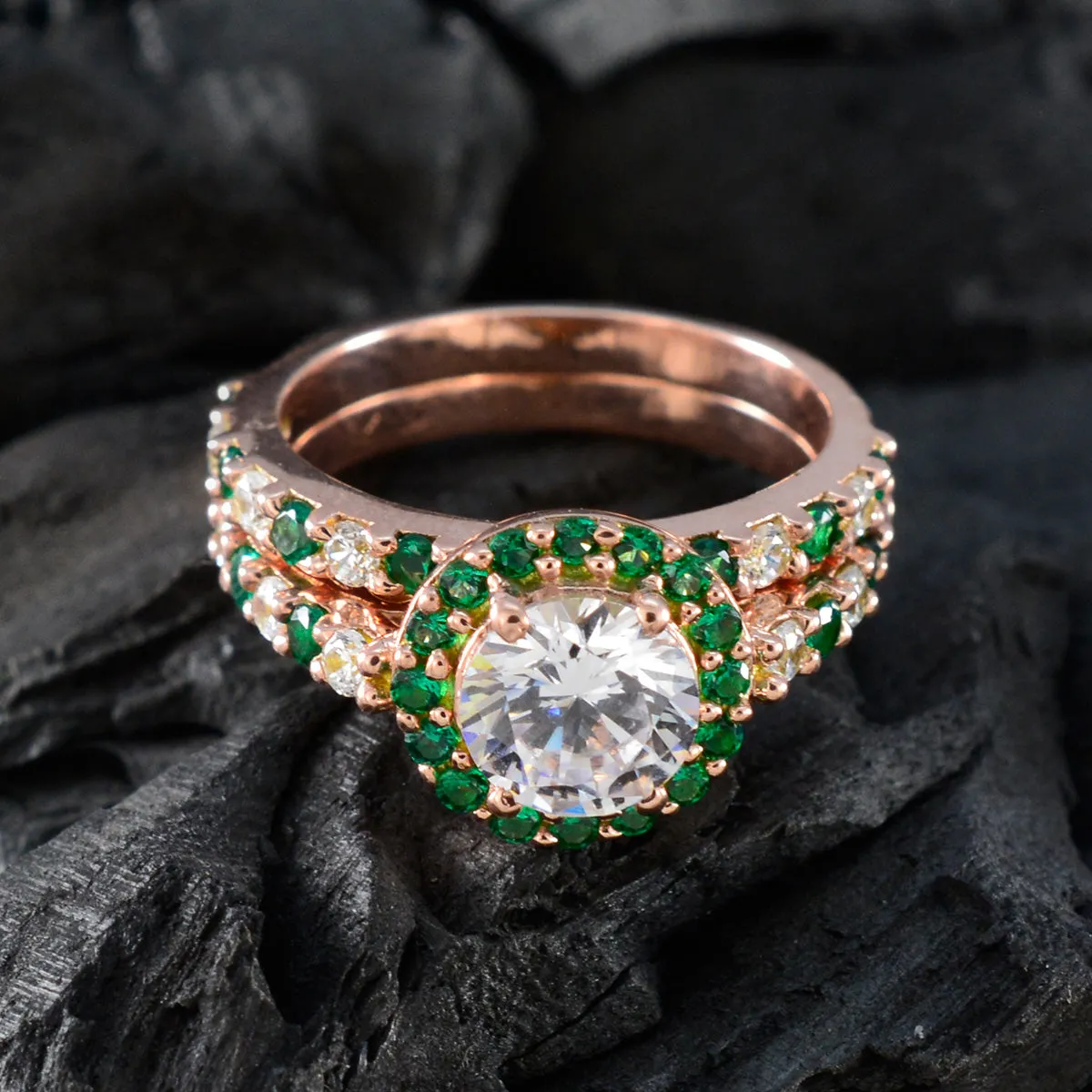 Riyo Designer Silver Ring With Rose Gold Plating Emerald CZ Stone Round Shape Prong Setting Antique Jewelry Thanksgiving Ring