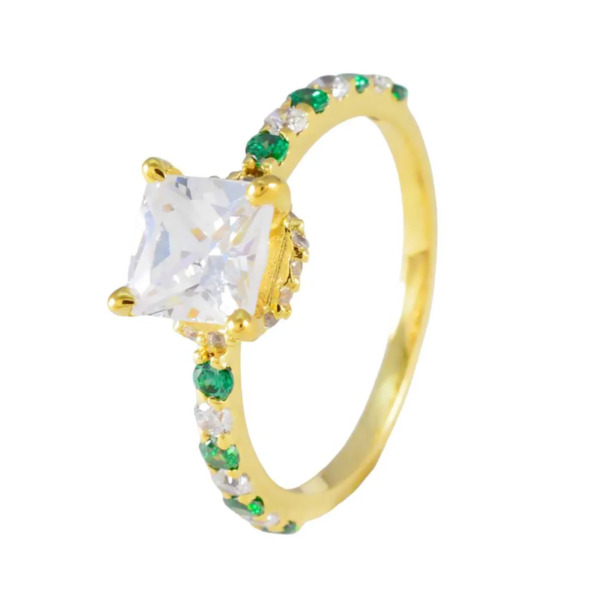 Riyo Elegant Silver Ring With Yellow Gold Plating Emerald CZ Stone square Shape Prong Setting Fashion Jewelry Thanksgiving Ring