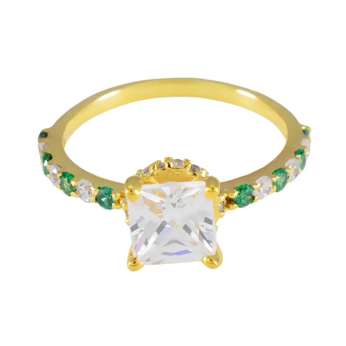 Riyo Elegant Silver Ring With Yellow Gold Plating Emerald CZ Stone square Shape Prong Setting Fashion Jewelry Thanksgiving Ring