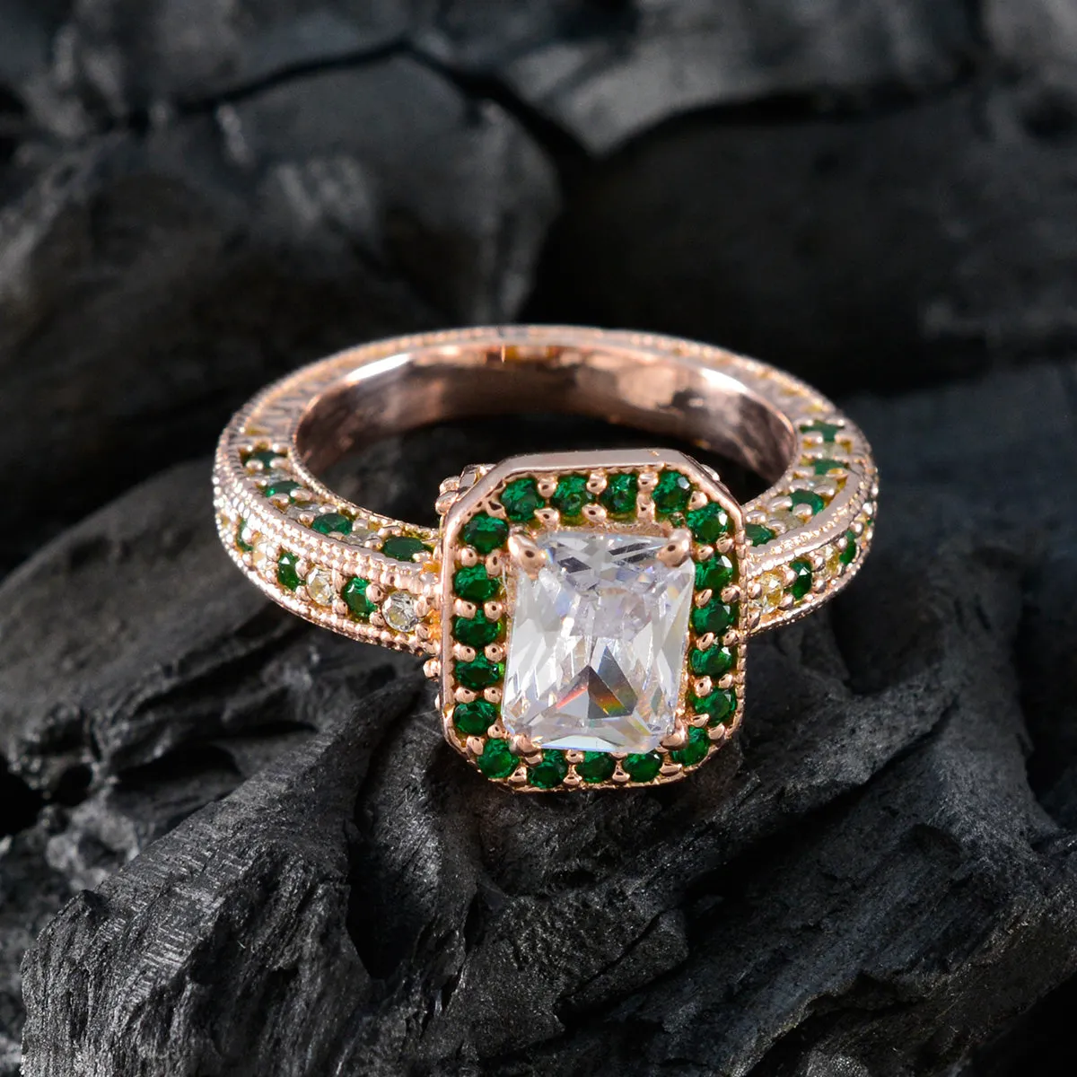 Riyo Exporter Silver Ring With Rose Gold Plating Emerald CZ Stone Octagon Shape Prong Setting Fashion Jewelry Black Friday Ring