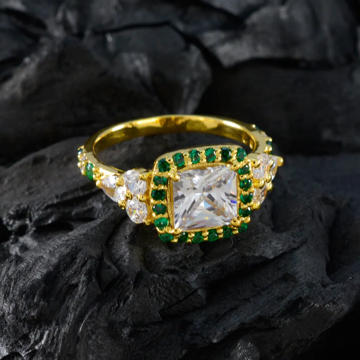 Riyo Exporter Silver Ring With Yellow Gold Plating Emerald CZ Stone square Shape Prong Setting Antique Jewelry Anniversary Ring