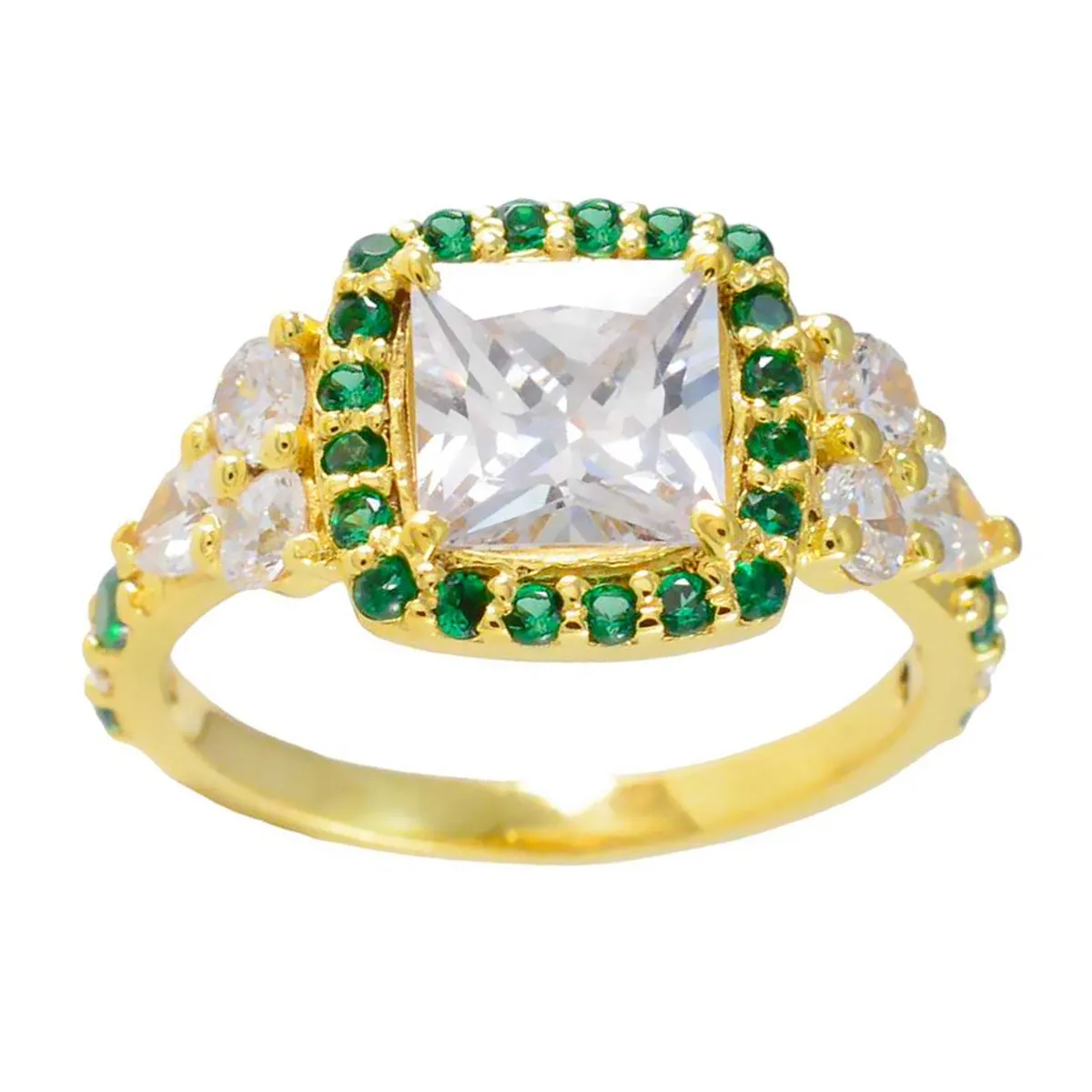 Riyo Exporter Silver Ring With Yellow Gold Plating Emerald CZ Stone square Shape Prong Setting Antique Jewelry Anniversary Ring