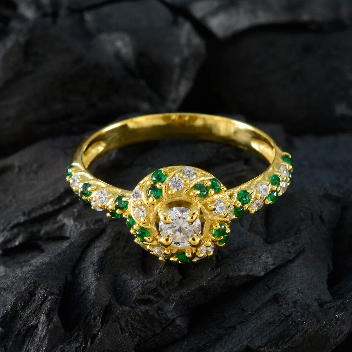 Riyo Extensive Silver Ring With Yellow Gold Plating Emerald CZ Stone Round Shape Prong Setting Bridal Jewelry Birthday Ring