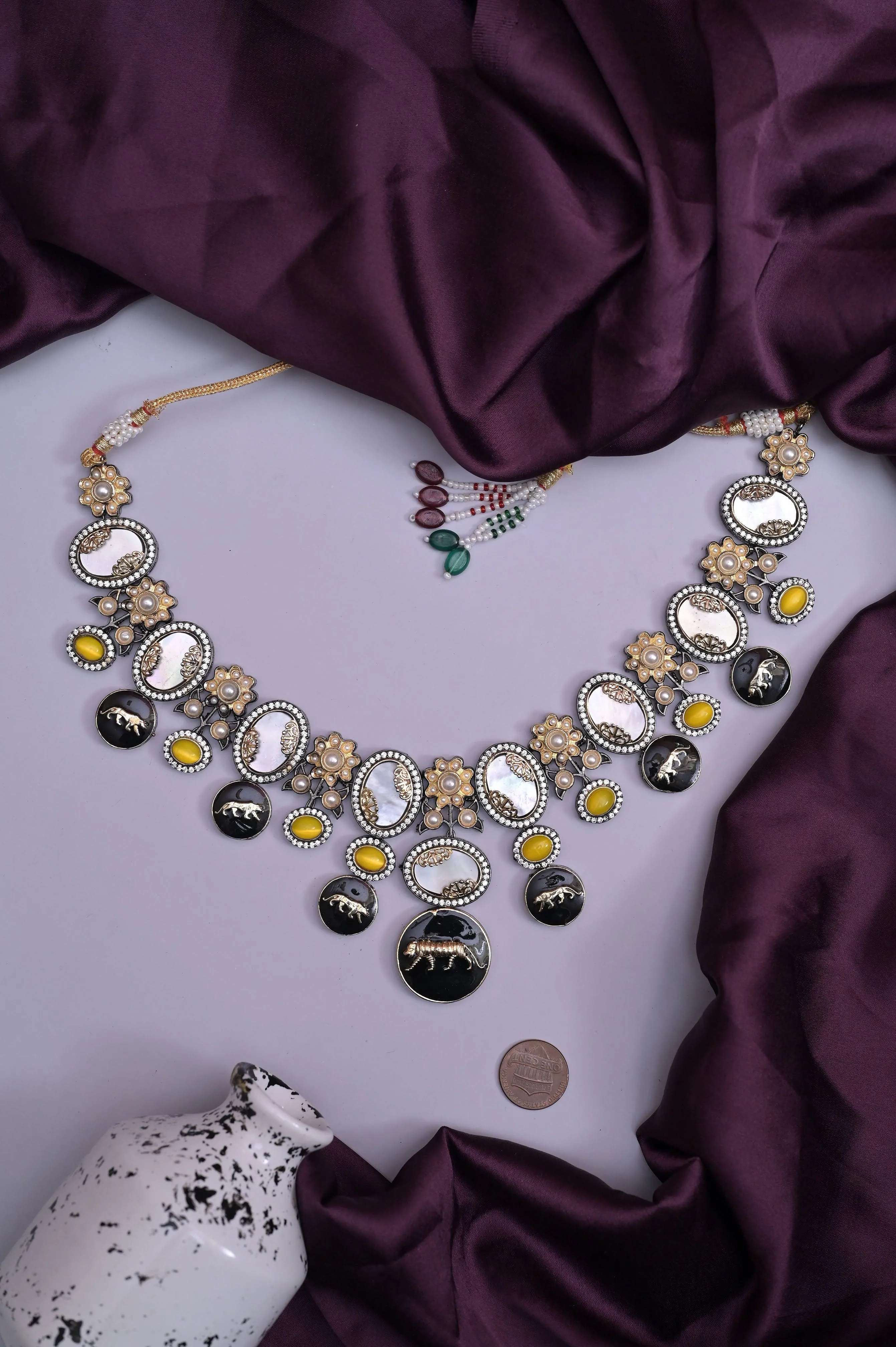 Sabyasachi Inspired Collar Style Necklace Set with Monalisa Stone Work and Mother Pearl