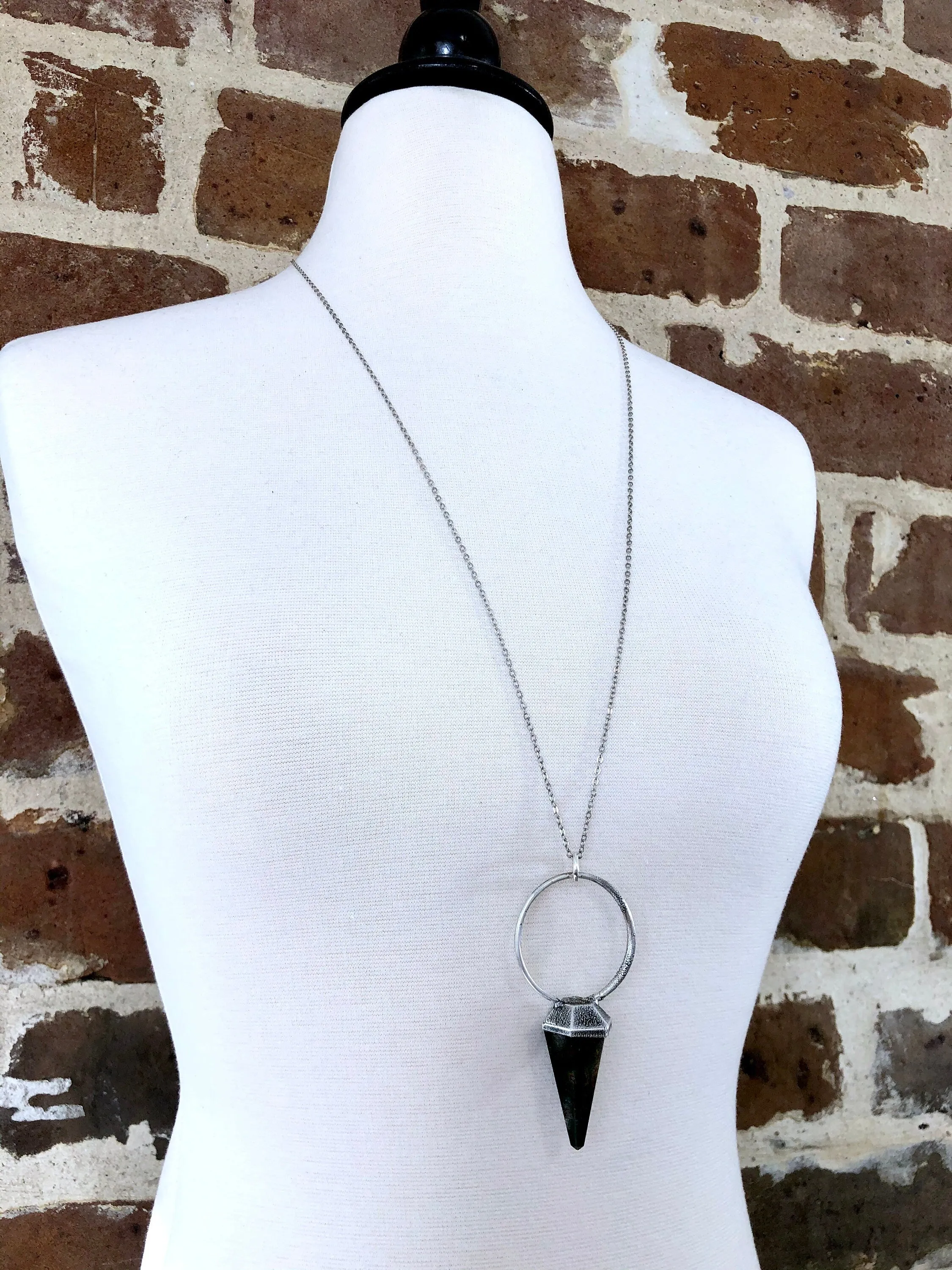 Elegant Silver Crystal Pendulum Necklace with Bloodstone Accent