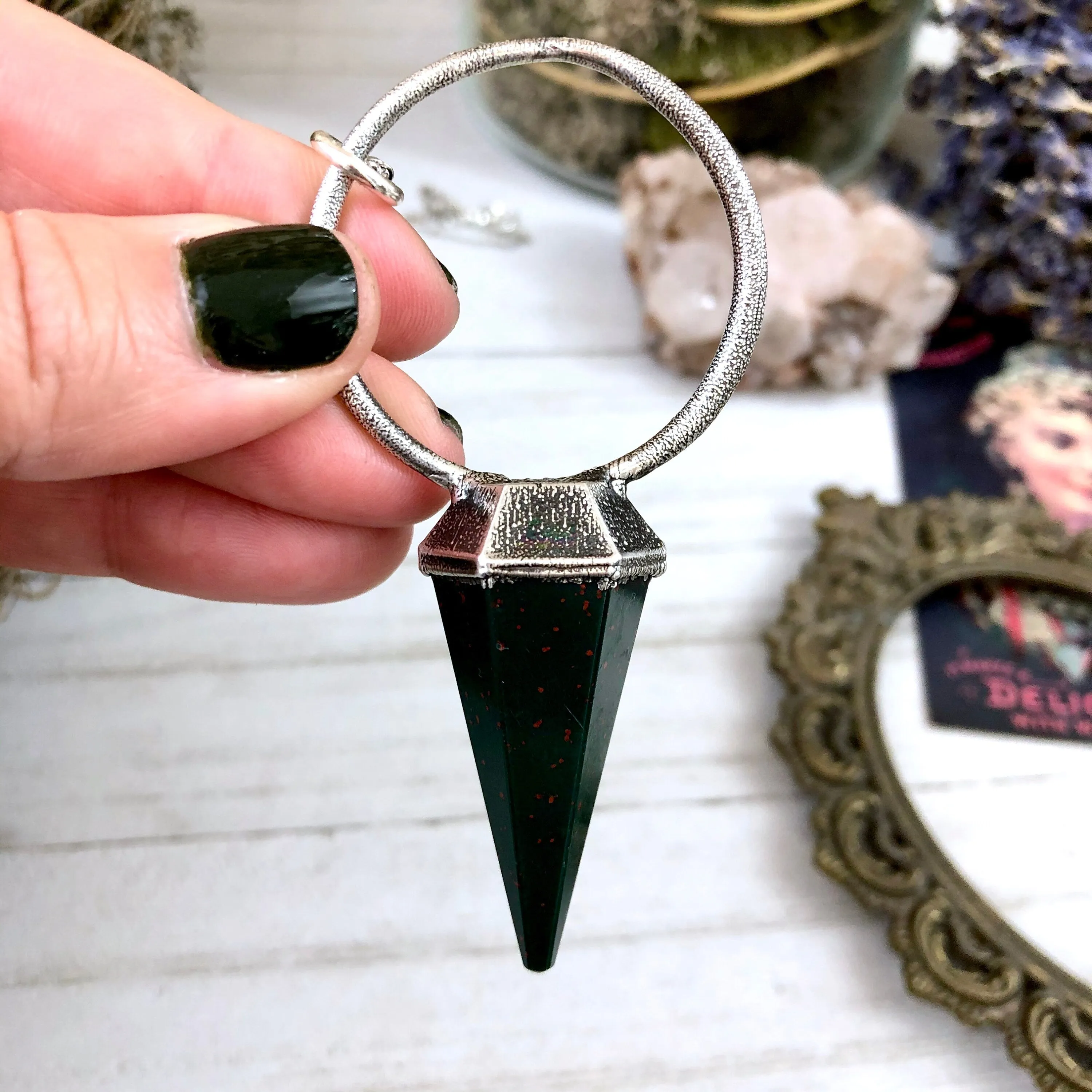 Elegant Silver Crystal Pendulum Necklace with Bloodstone Accent