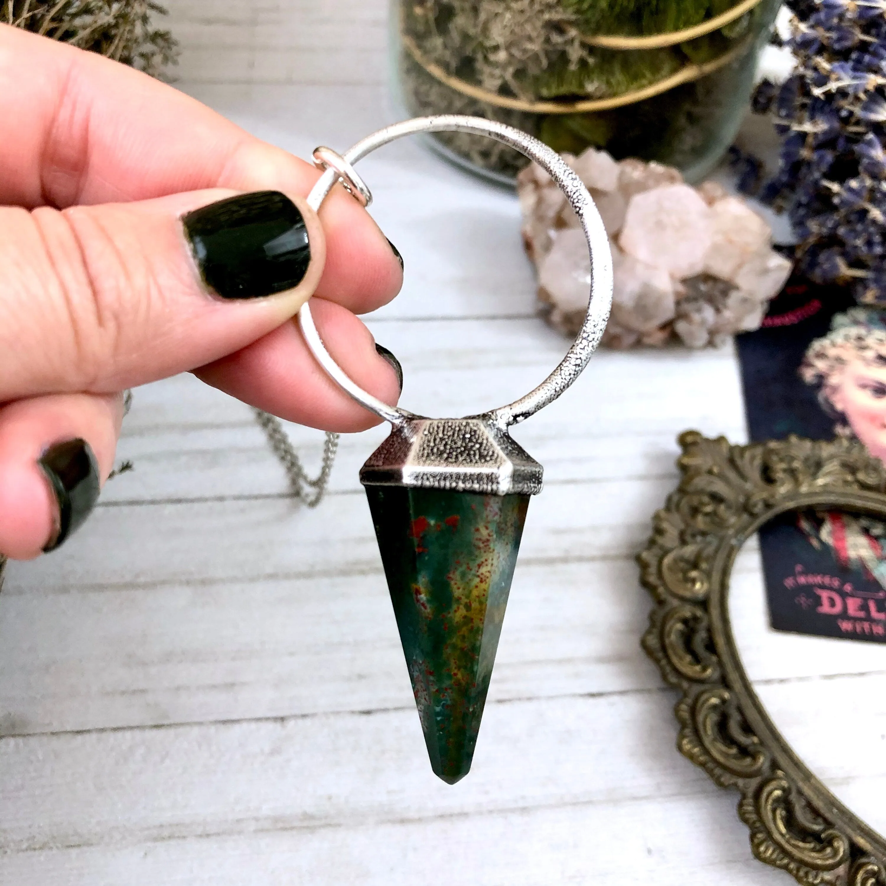 Elegant Silver Crystal Pendulum Necklace with Bloodstone Accent