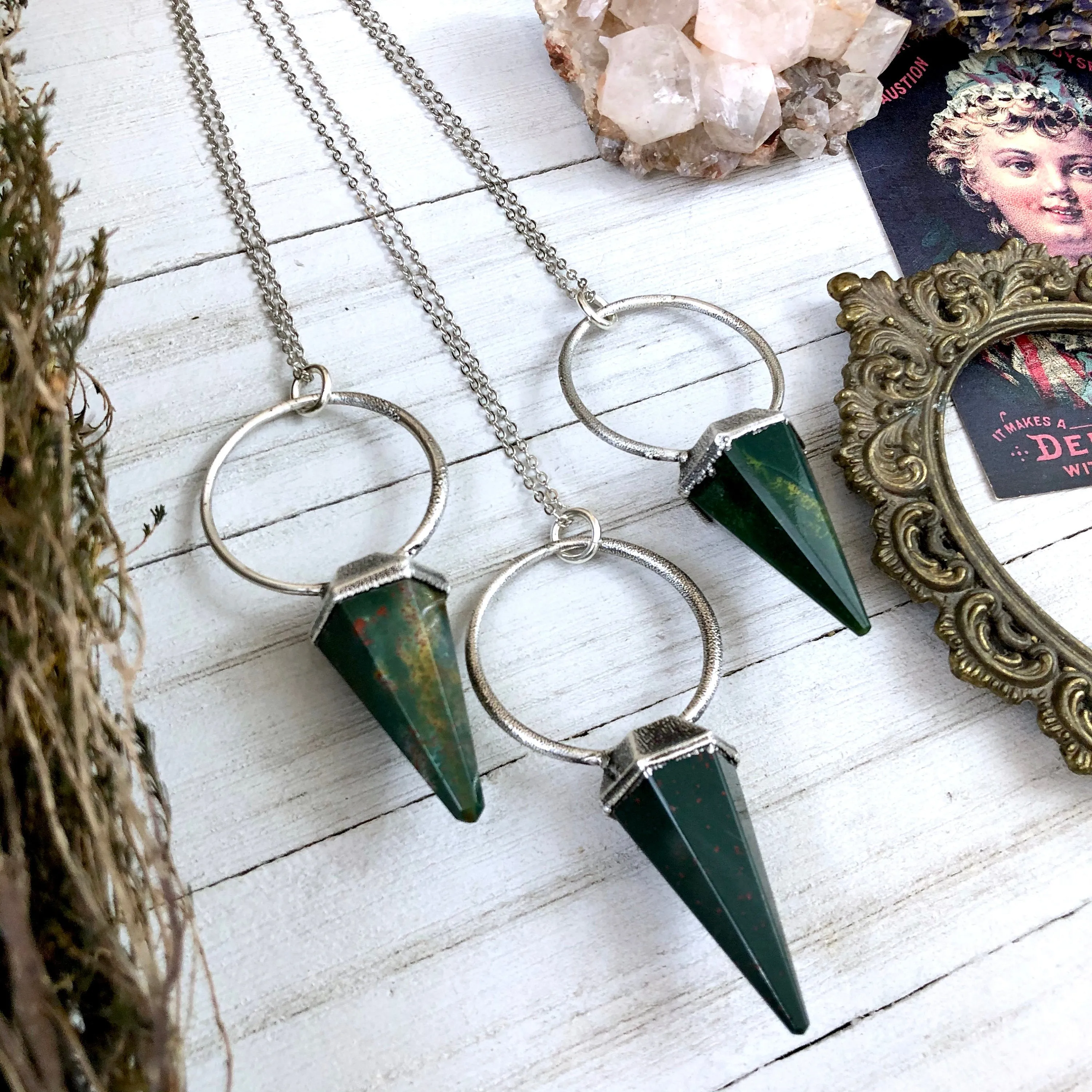 Elegant Silver Crystal Pendulum Necklace with Bloodstone Accent