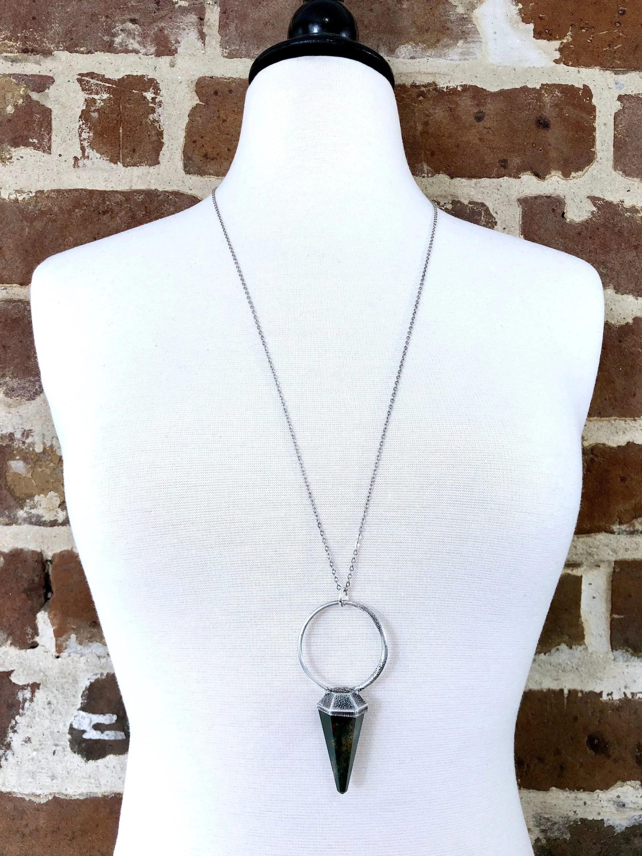 Elegant Silver Crystal Pendulum Necklace with Bloodstone Accent