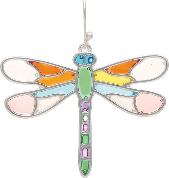 Silver Multicolor Stained Glass Dragonfly Earrings