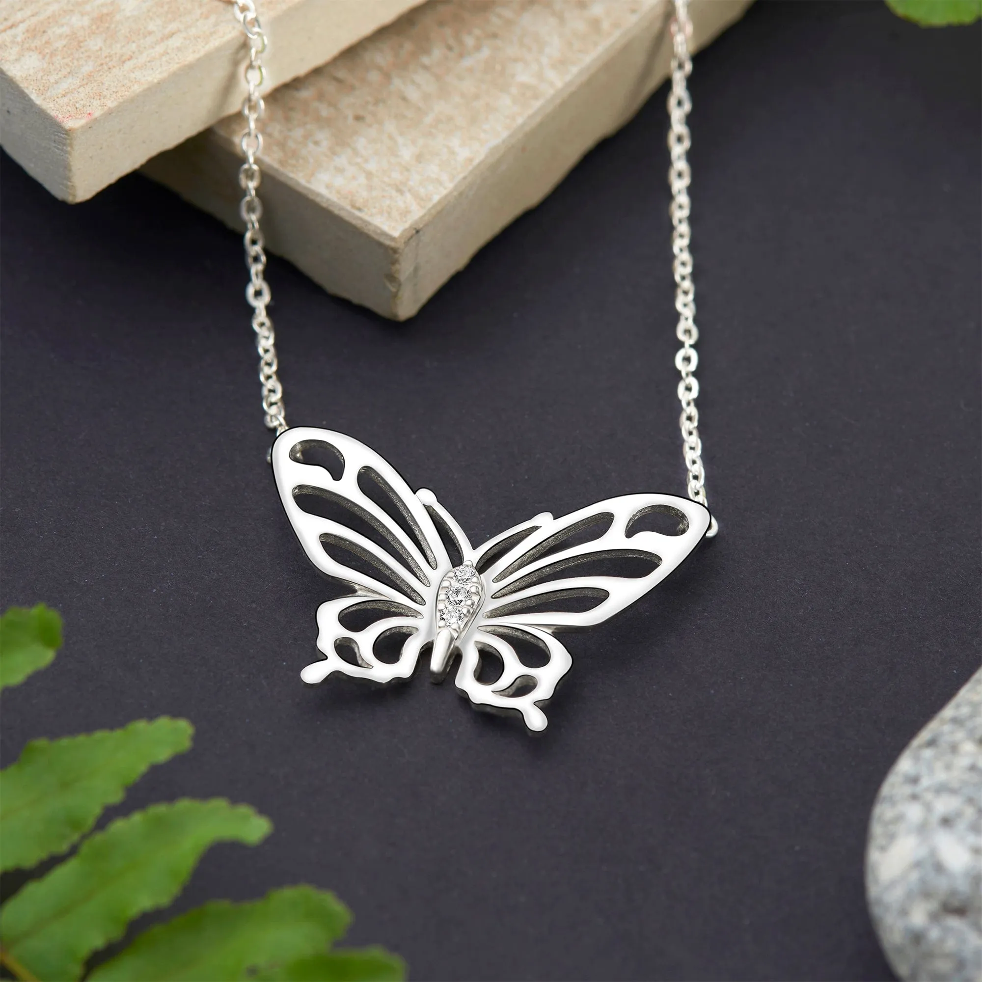 Simple CZ Butterfly Silver Necklace