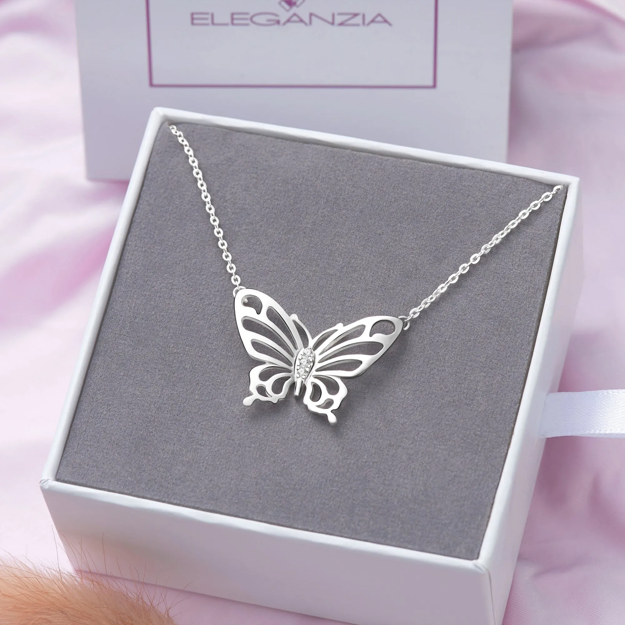 Simple CZ Butterfly Silver Necklace