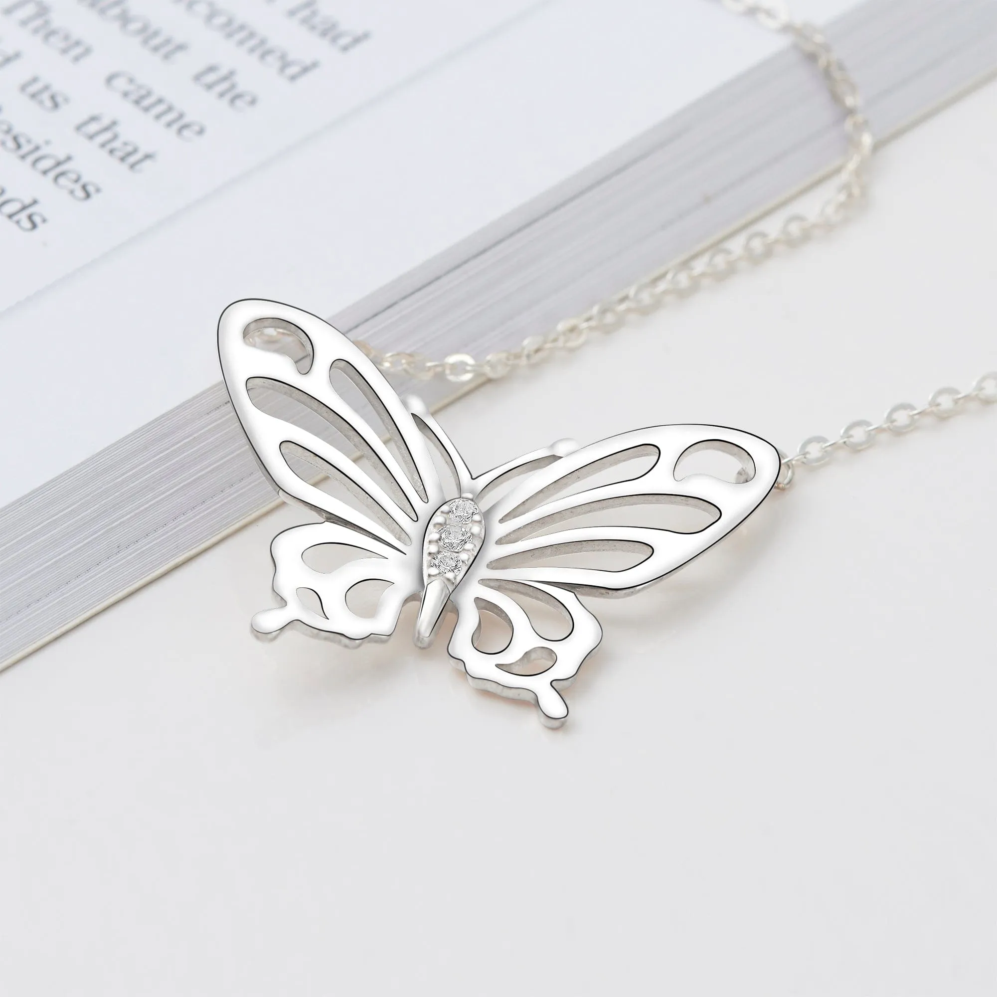 Simple CZ Butterfly Silver Necklace