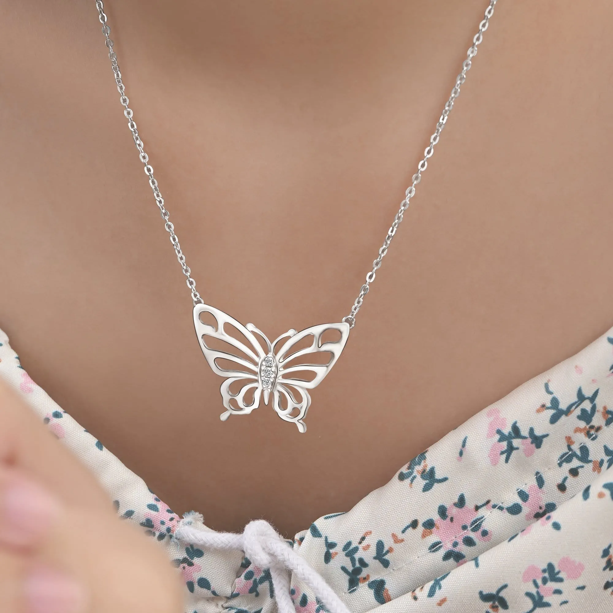 Simple CZ Butterfly Silver Necklace