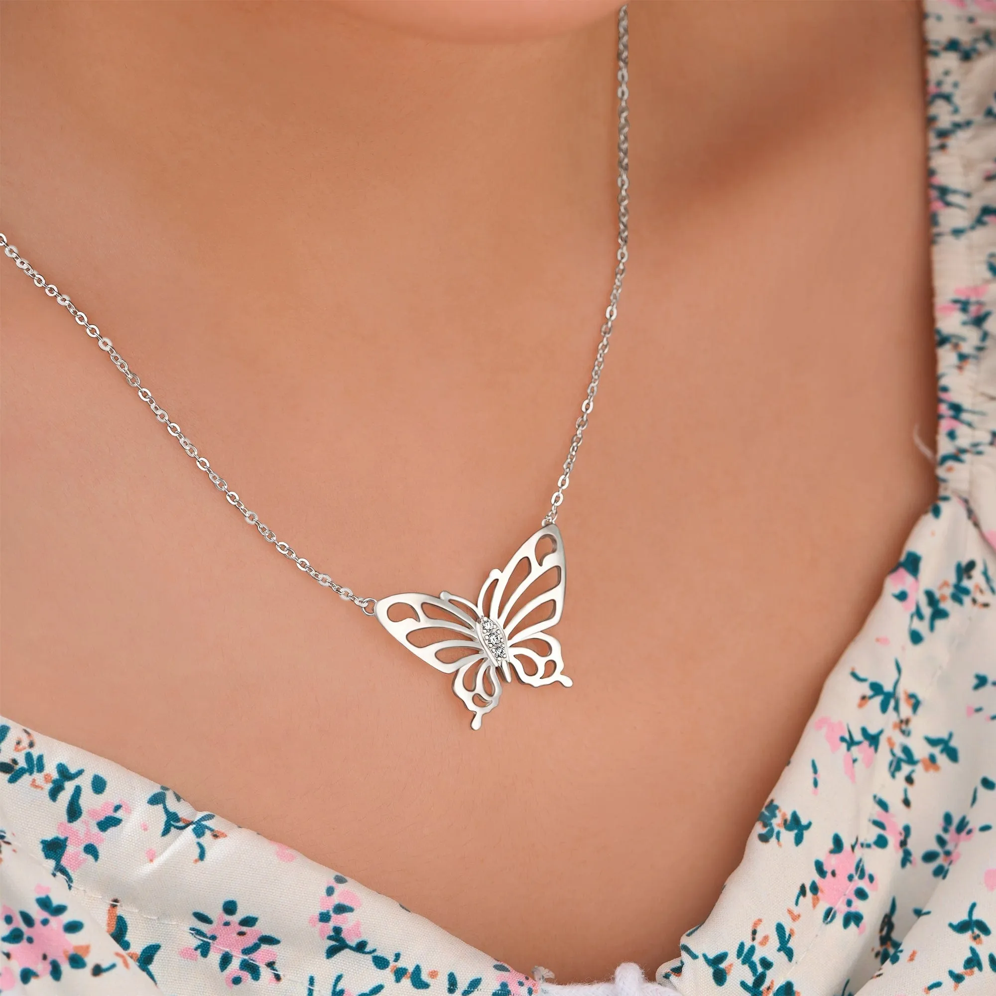 Simple CZ Butterfly Silver Necklace