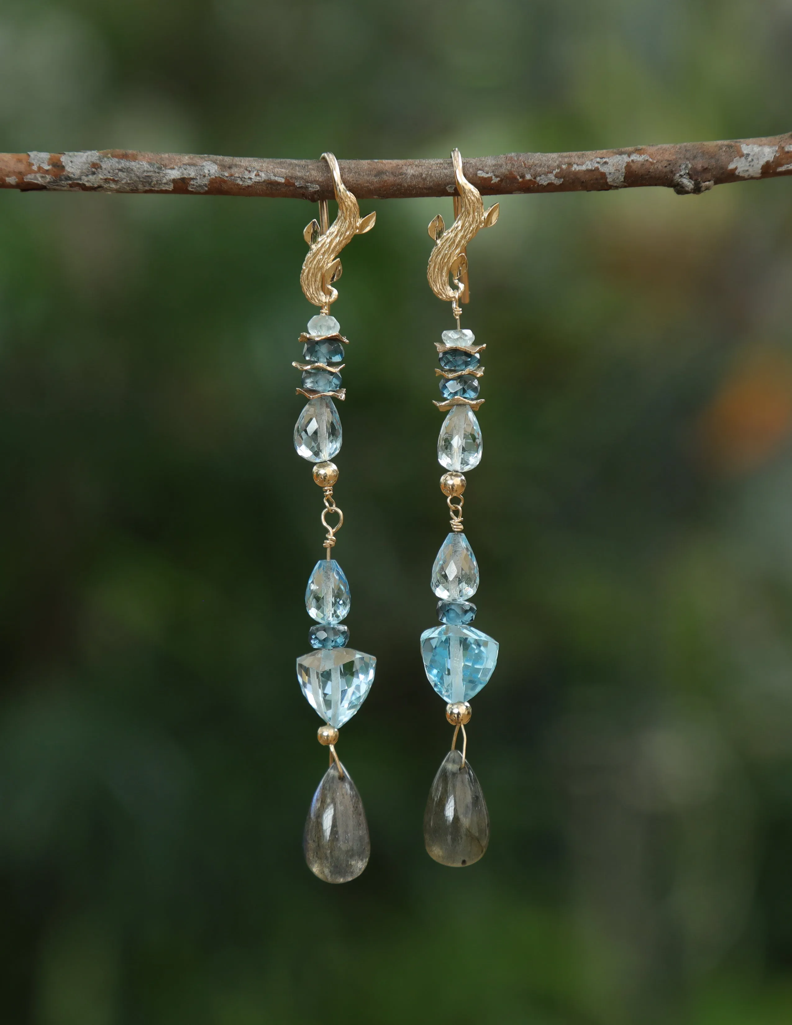 Sky and London Blue Topaz, Labradorite, and Gold Dangle Ear Wires