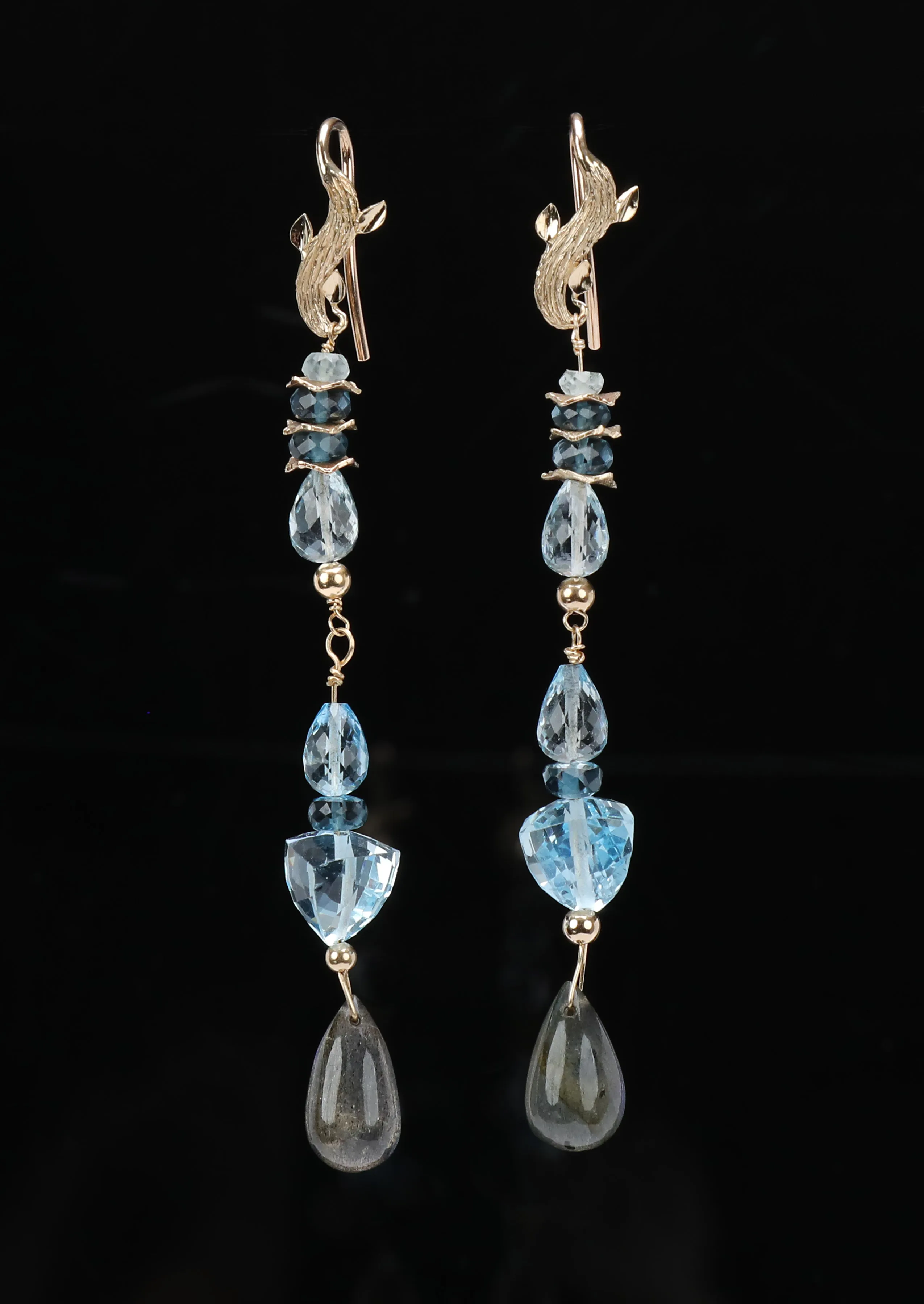 Sky and London Blue Topaz, Labradorite, and Gold Dangle Ear Wires