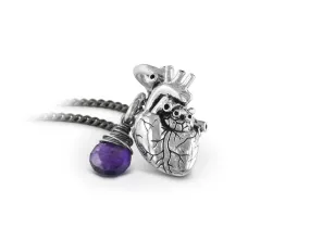 Small Anatomical Heart Necklace with Amethyst - Silver