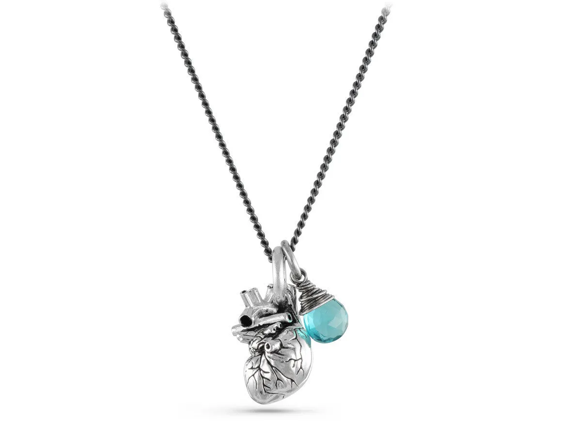 Small Anatomical Heart Necklace with Blue Topaz - Silver