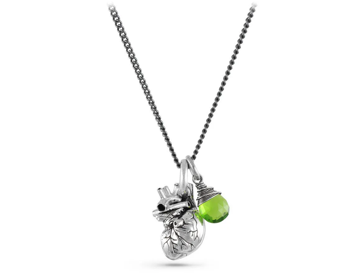 Small Anatomical Heart Necklace with Emerald - Silver