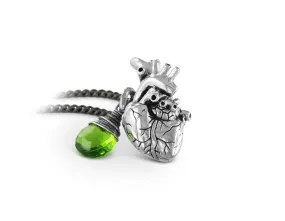 Small Anatomical Heart Necklace with Emerald - Silver