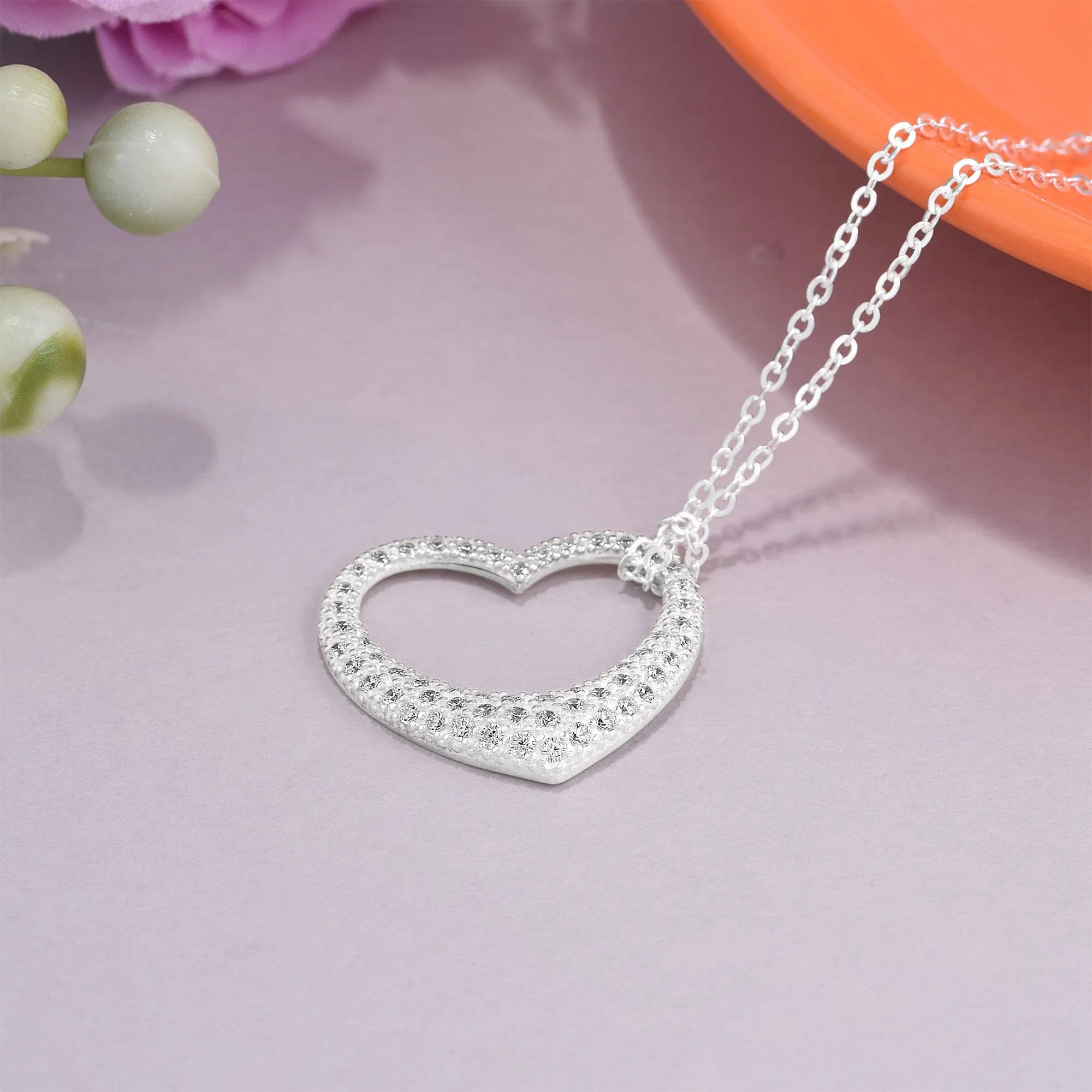 Sparkling CZ Open Heart Necklace Sterling Silver