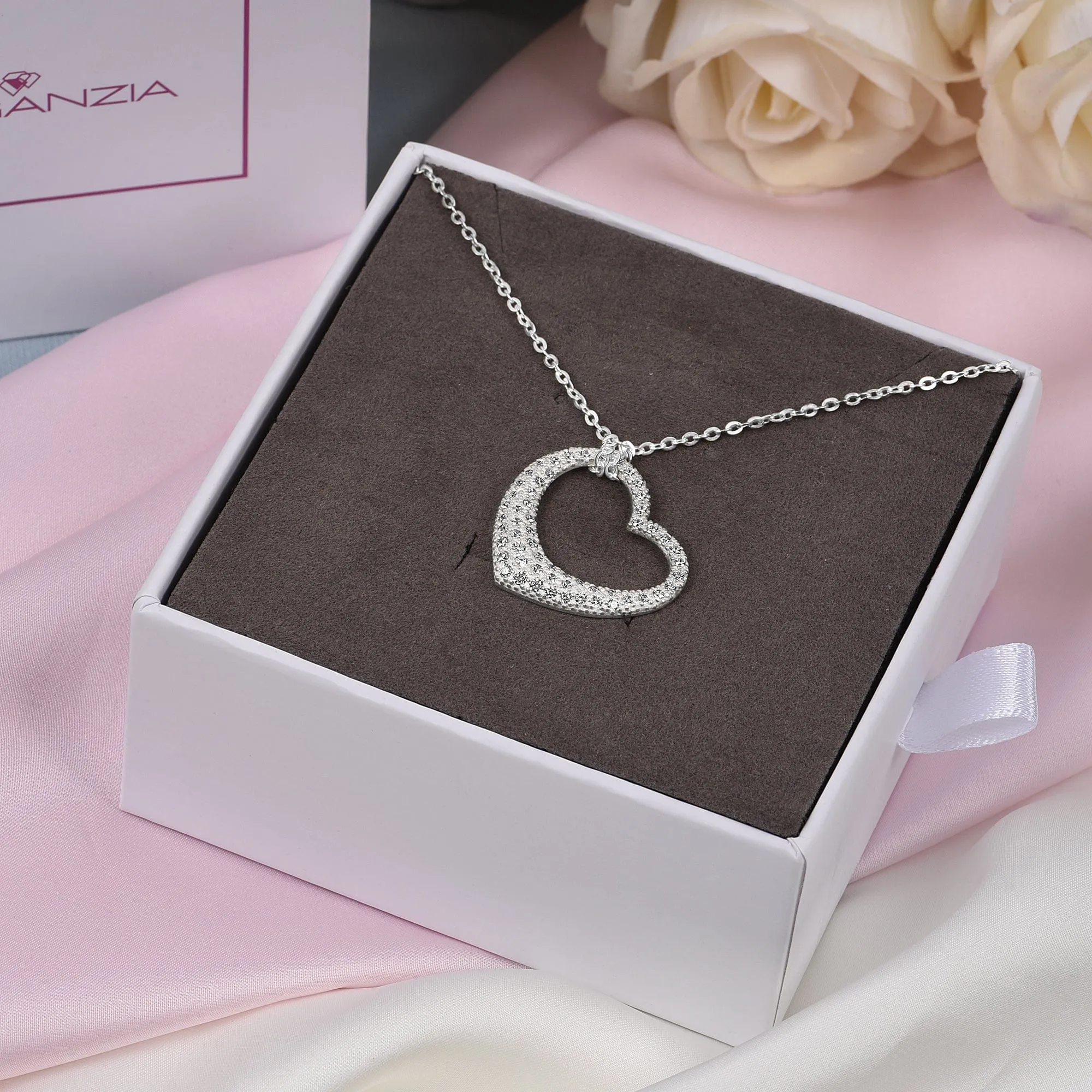 Sparkling CZ Open Heart Necklace Sterling Silver