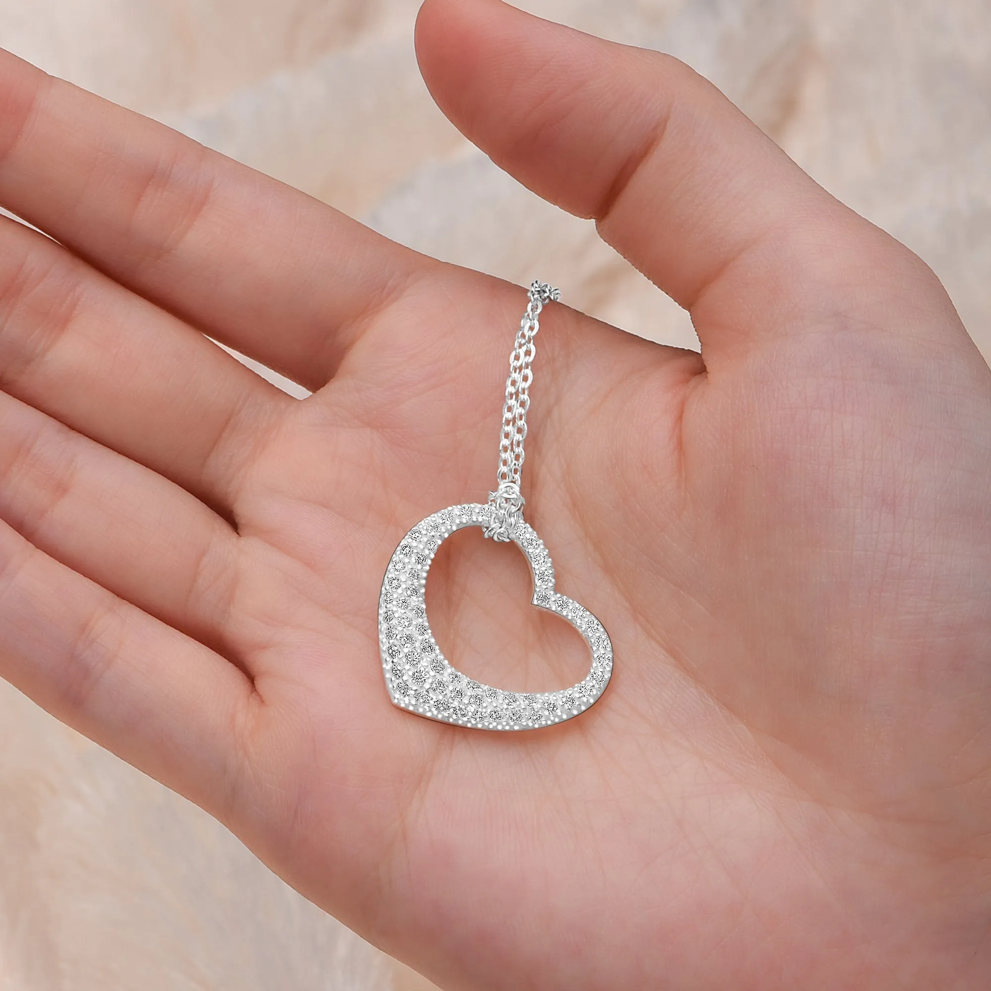 Sparkling CZ Open Heart Necklace Sterling Silver