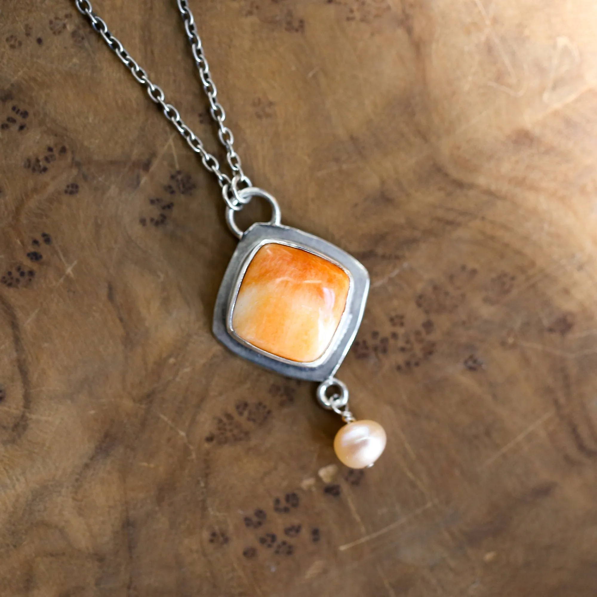 Spiny Oyster Dyna Necklace - Freshwater Pearl Drop - Orange Shell Pendant - .925 Sterling Silver